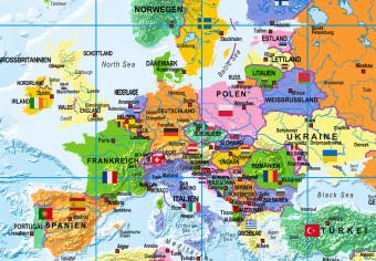Cork Pinboard World Map: Countries Flags [Cork Map - German Text]