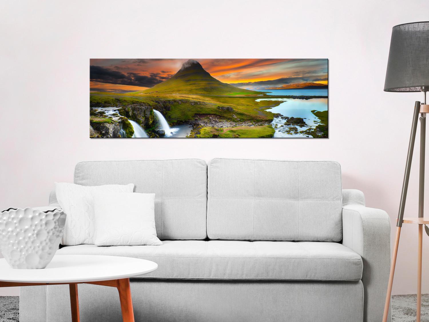 Canvas Beauty of Iceland (1-piece) - Mountains and Waterfalls with Sunset Background