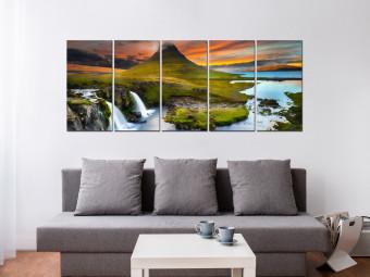 Canvas Wonderful Iceland (5-piece) - Waterfall amidst Green Landscape