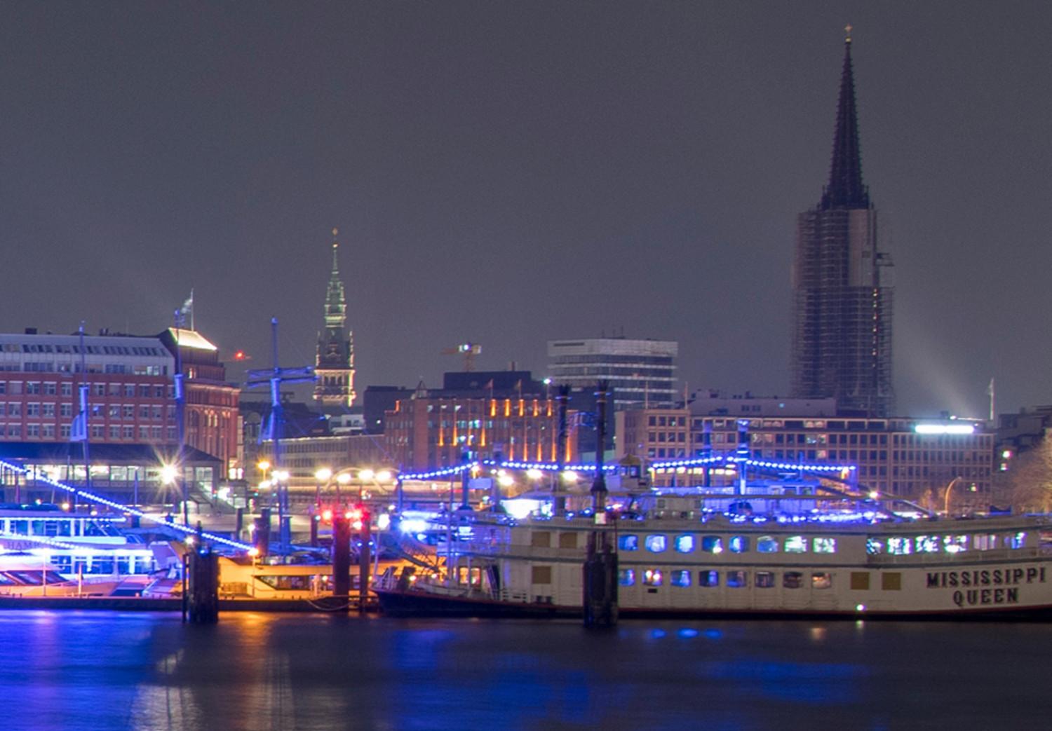 Canvas Night in Hamburg (1-piece) - Port Architecture and River after Dusk