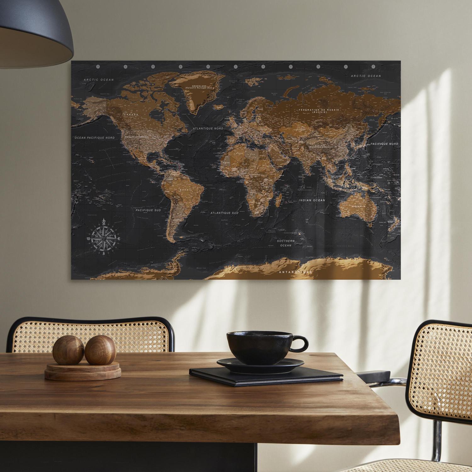 Canvas Brown World Map (FR) (1-piece) - Map with French Texts