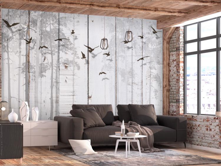 Wall Mural Minimalist motif - black birds on a white background with wood texture