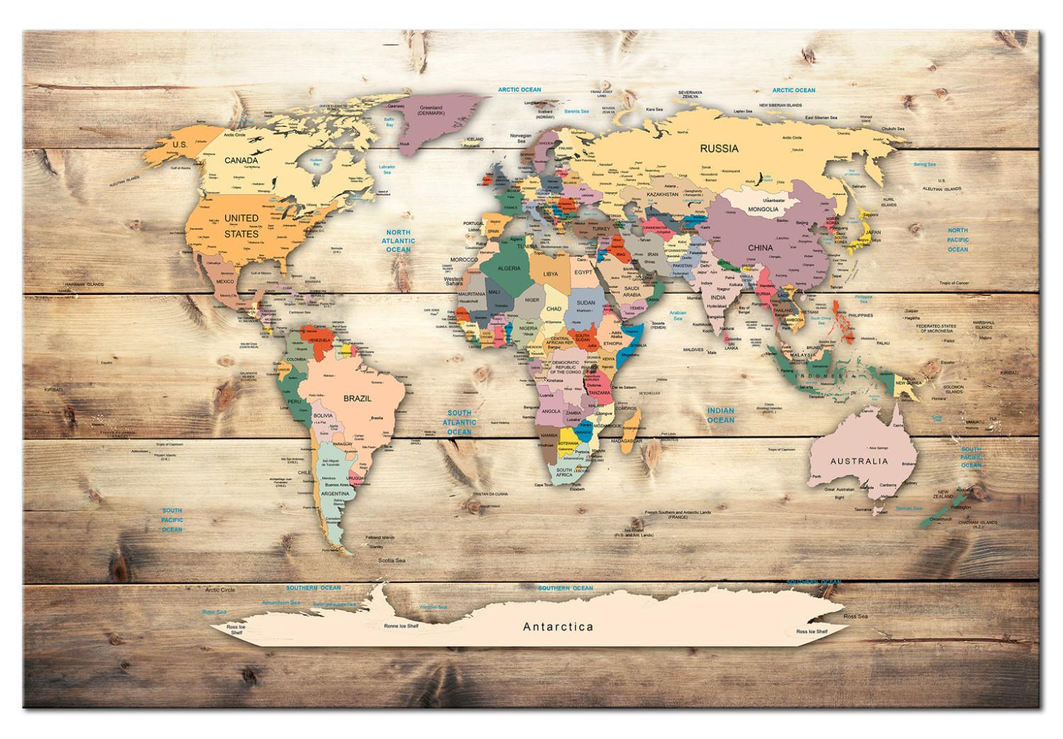 Decorative Pinboard World Map: Wooden Oceans [Cork Map]