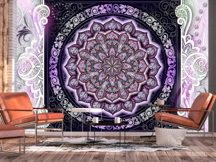 Wall Mural Stained glass in violets - abstract Mandala in patterns on a background of ornaments