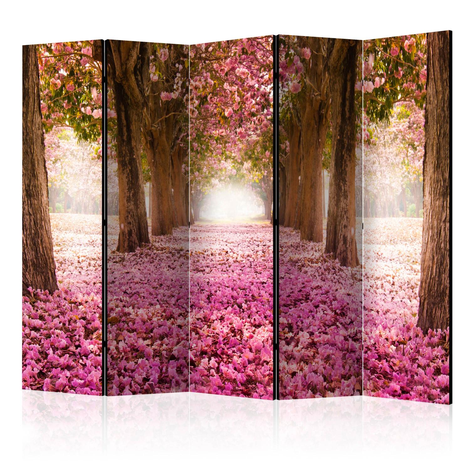 Room Divider Pink Grove II - landscape of trees and a road strewn with pink leaves