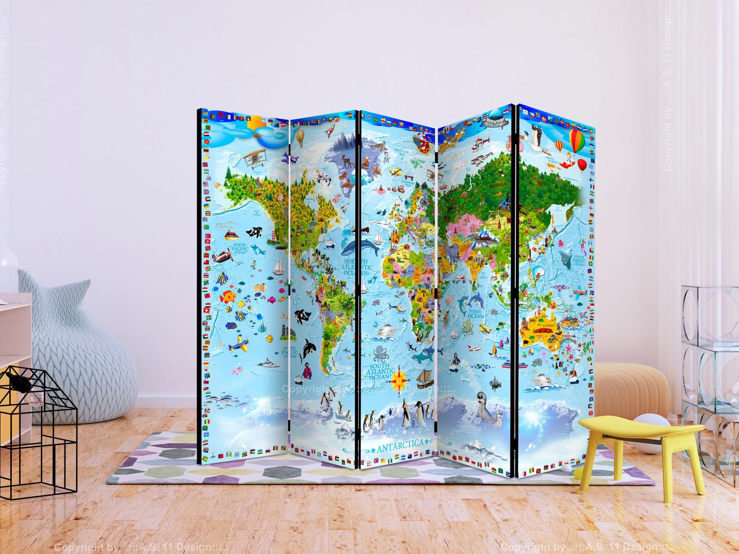 Room Divider World Map for Kids II - map with colorful continents and drawings