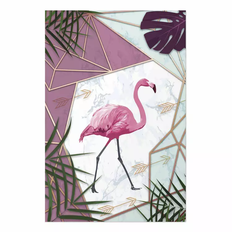 Flamingo Stroll - geometric abstraction with a pink bird and leaves
