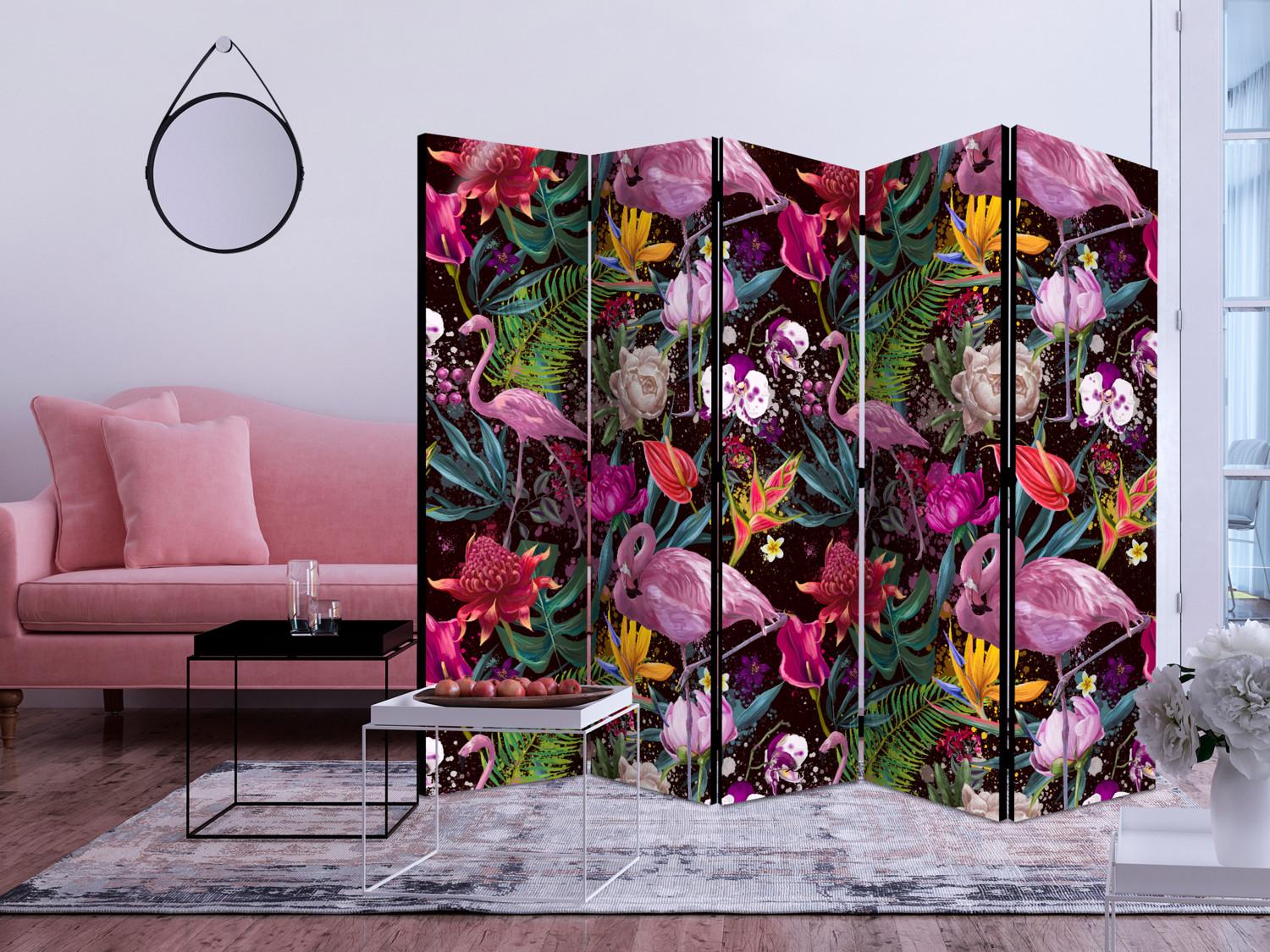 Room Divider Colorful Exoticism II - flamingos and tropical nature in watercolor motif