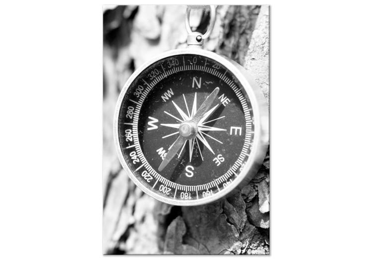 Canvas Print Direction of the Road (1-part) - Black and White Compass on Tree Background