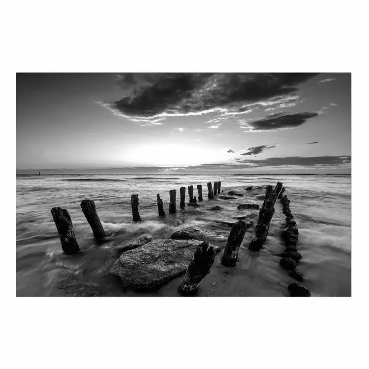 Gallery wall Song of the sea - black and white landscape of cloudy sky and pier against water
