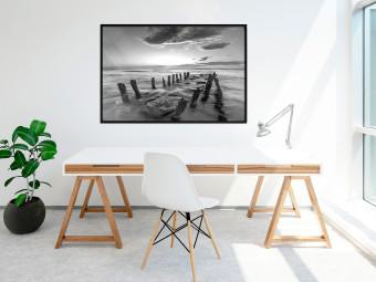 Gallery wall Song of the sea - black and white landscape of cloudy sky and pier against water