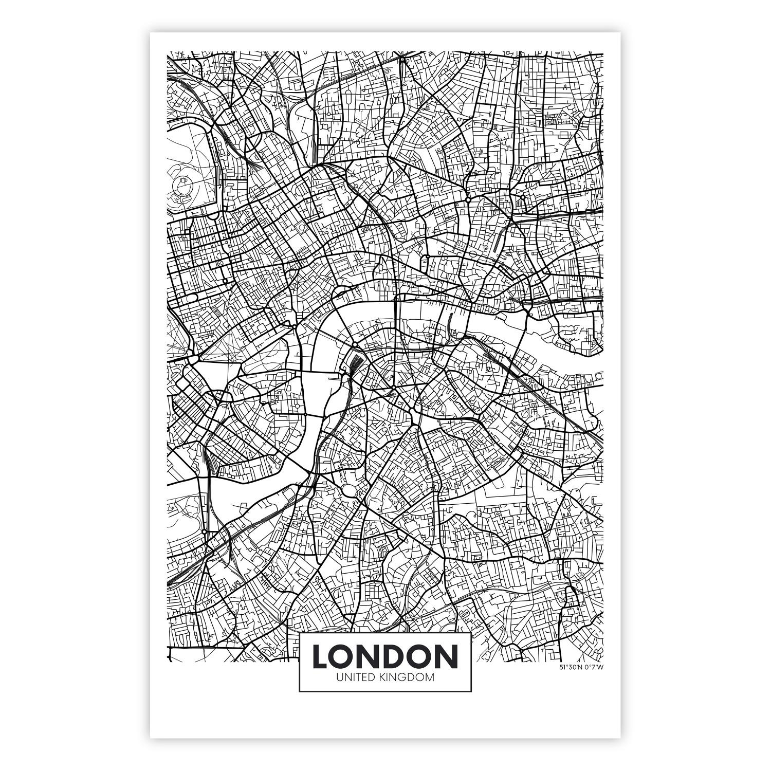 Poster Map of London - black and white map of the capital of the United Kingdom and texts