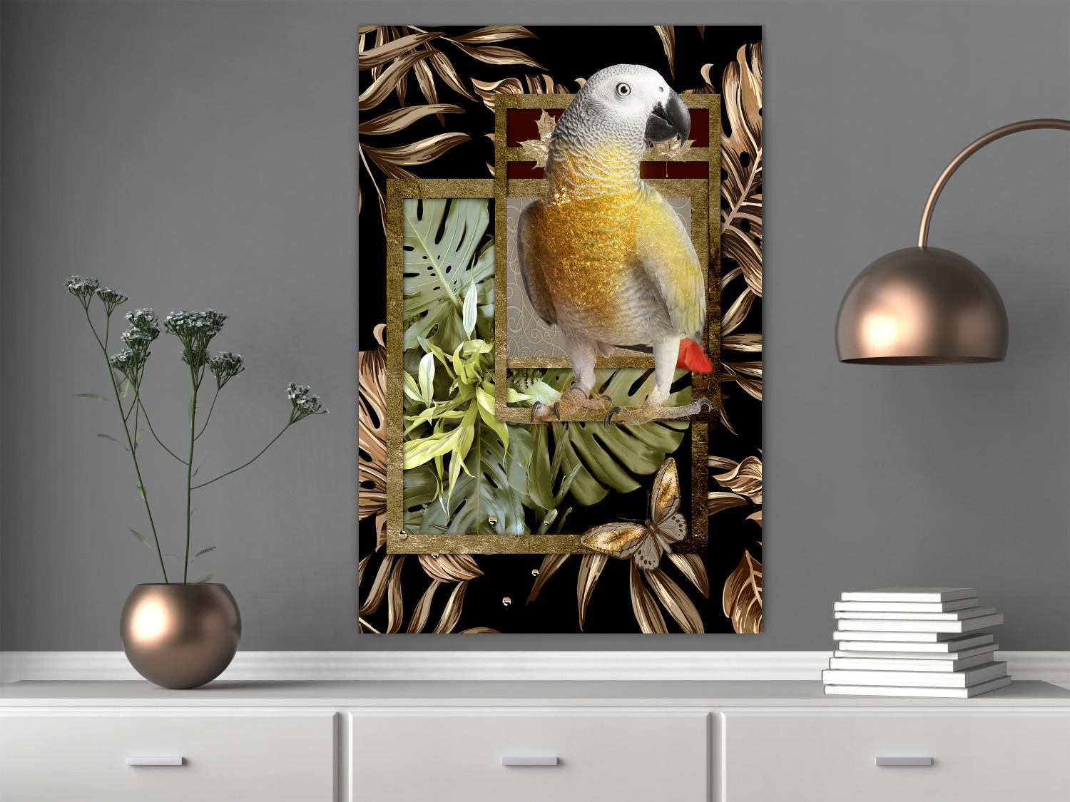 Poster Golden Parrot - butterfly and parrot on a branch against a background of tropical leaves