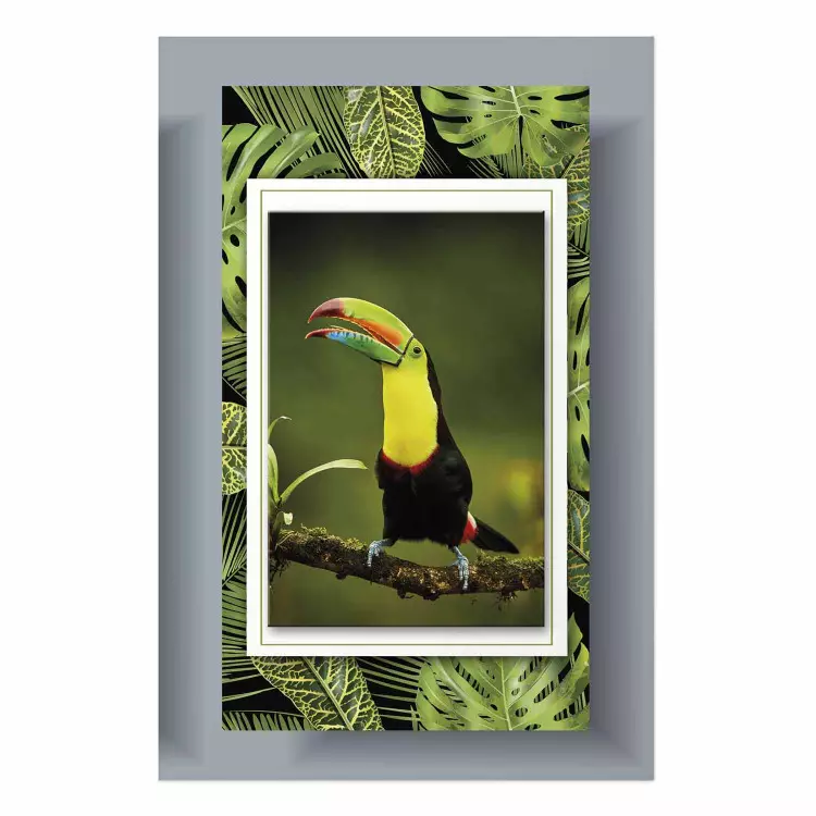 Toucan - colorful bird sitting on a branch among tropical leaves