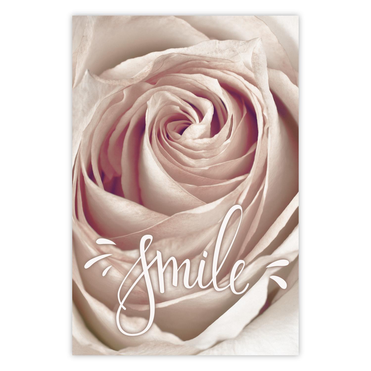 Poster Smile! - light pink rose flower and white English text