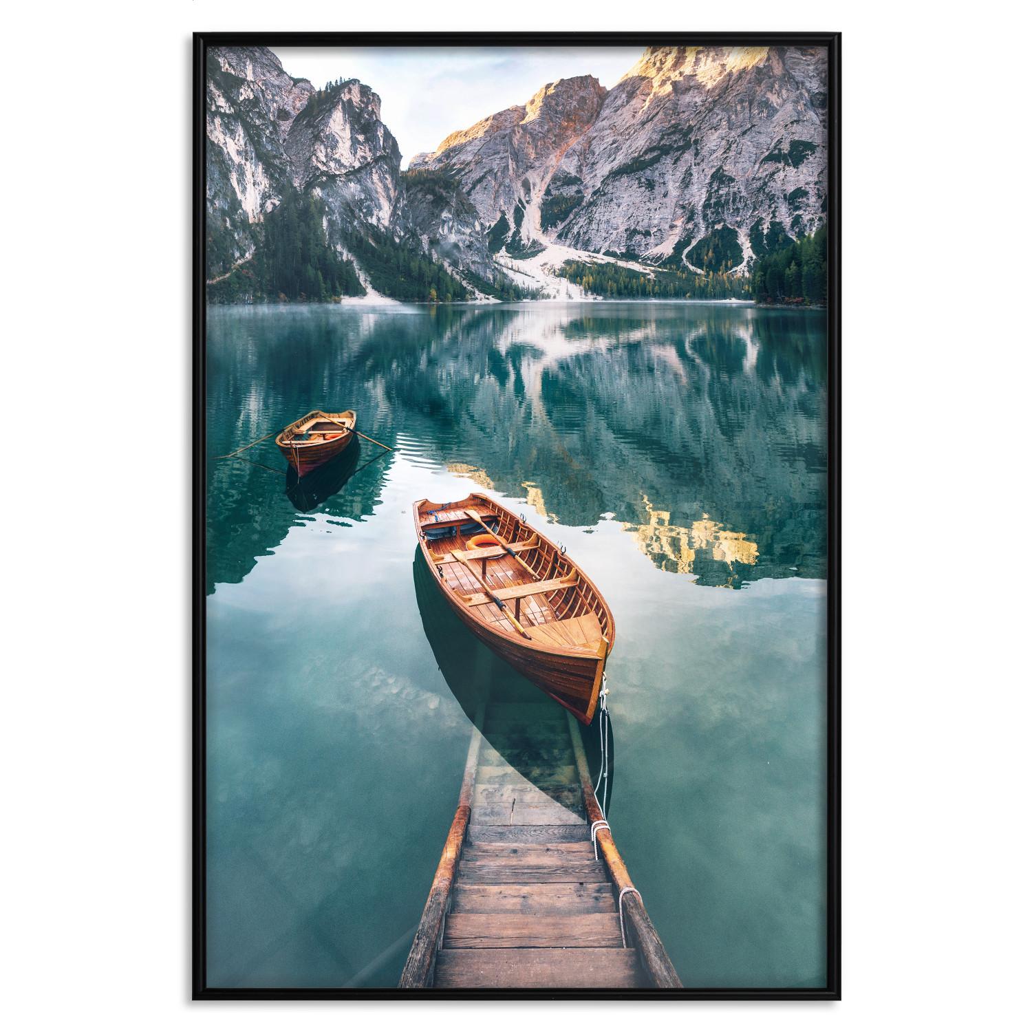Gallery wall Boats in the Dolomites - picturesque water landscape against a mountain range backdrop