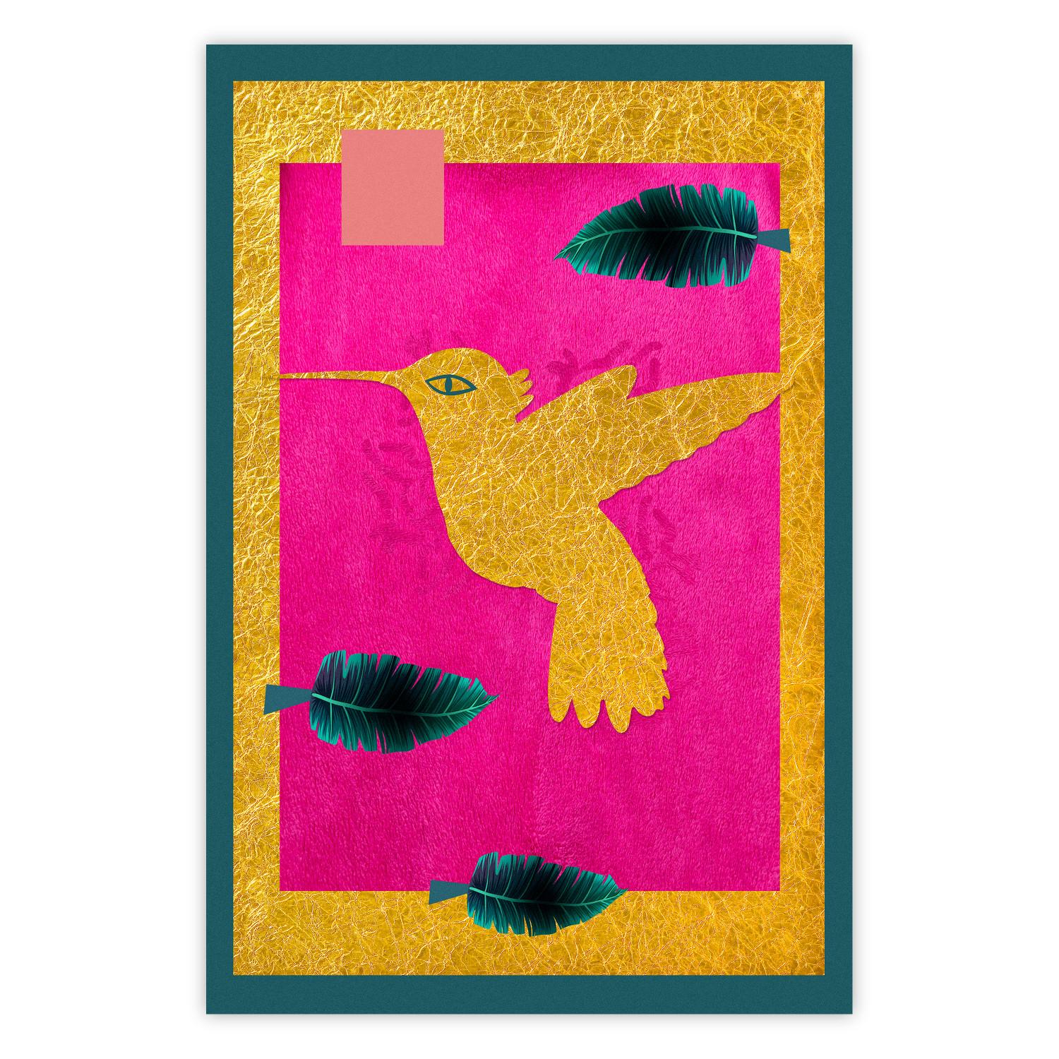 Poster Golden Hummingbird - abstraction with a bird and green leaves on a pink background