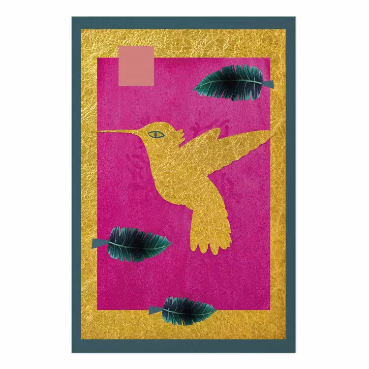Golden Hummingbird - abstraction with a bird and green leaves on a pink background