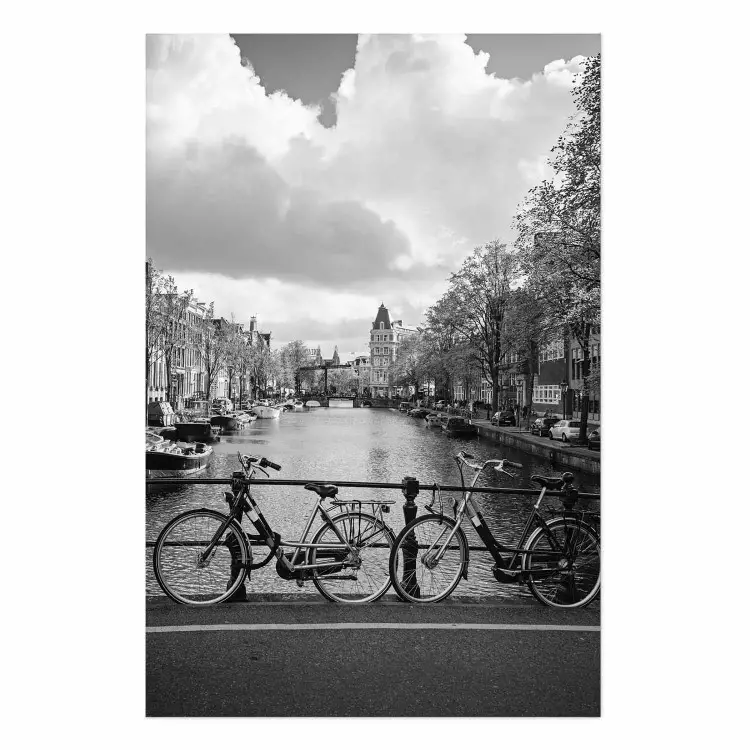 Poster Bridge with Bikes - black and white landscape of a river and cloudy sky