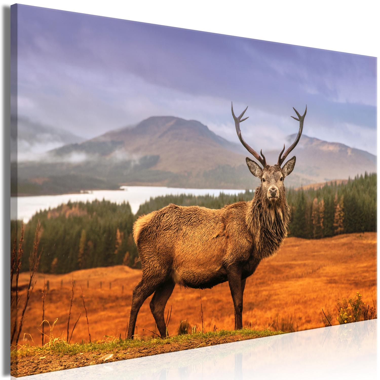 Canvas Mountain Stag (1-part) - Animal Amid Sky and Forest Landscape