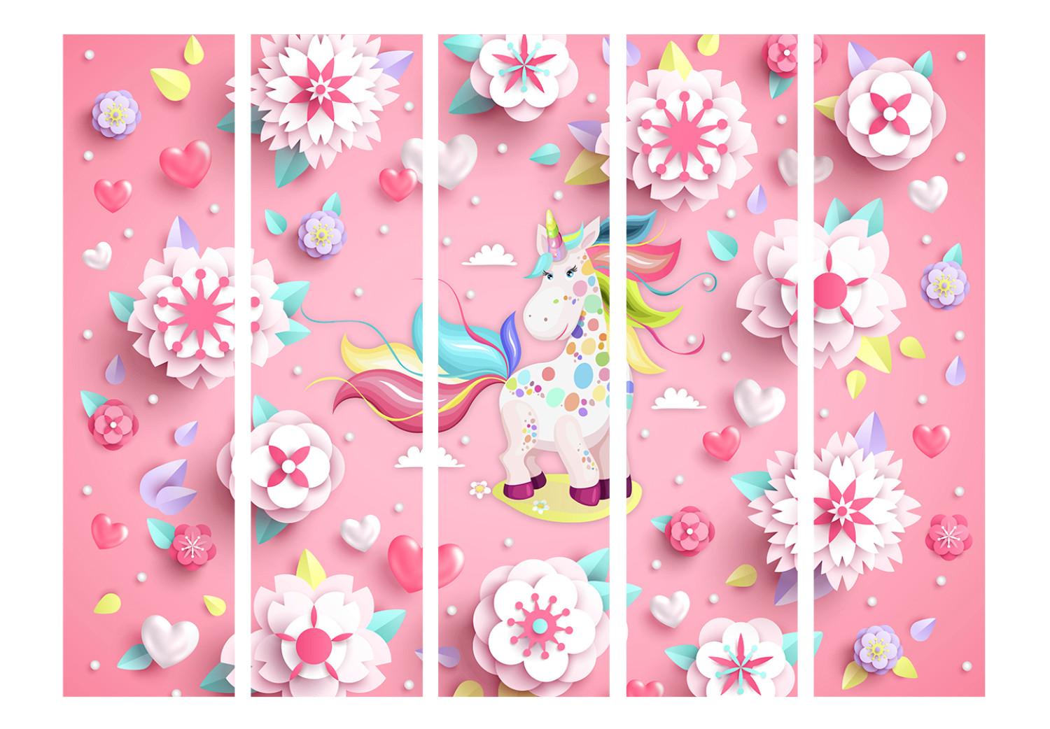 Room Divider Unicorn in Flowerpot II - fantasy horse with a horn and flowers in the background