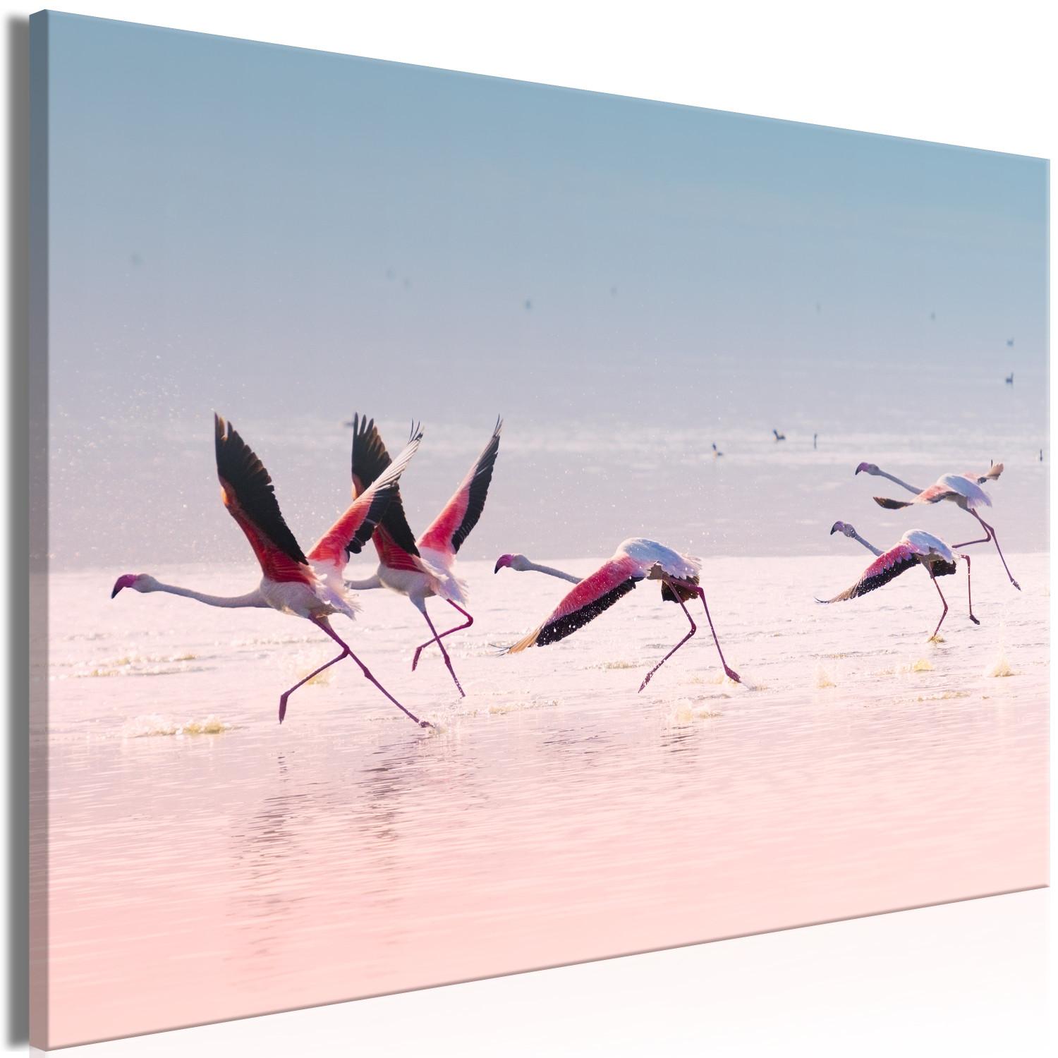 Canvas Birds Getting Ready to Fly (1-part) - Flamingos Against Water