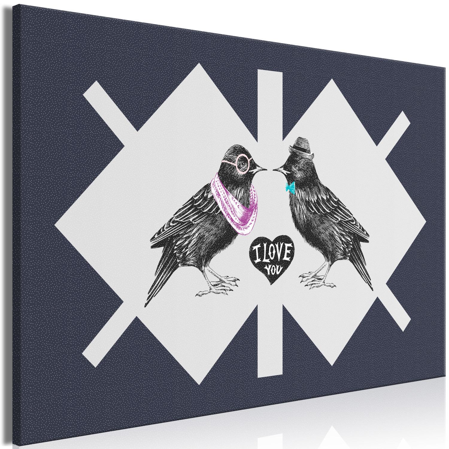 Canvas Starlings in love - elegant black birds on a geometric background