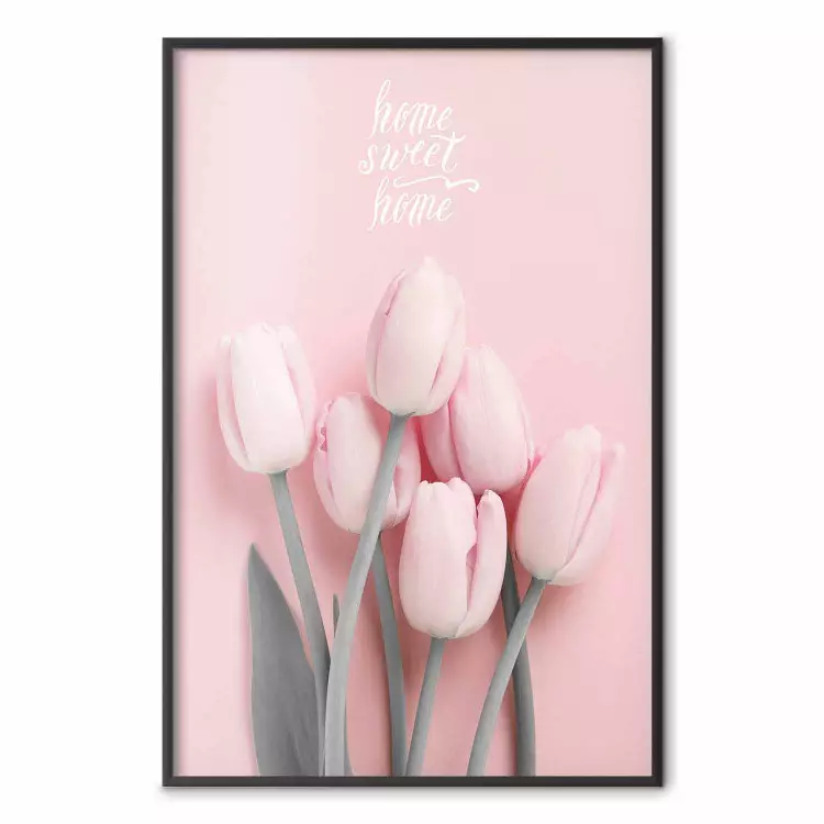 Six Tulips - pink spring flowers and inscriptions on a pastel background
