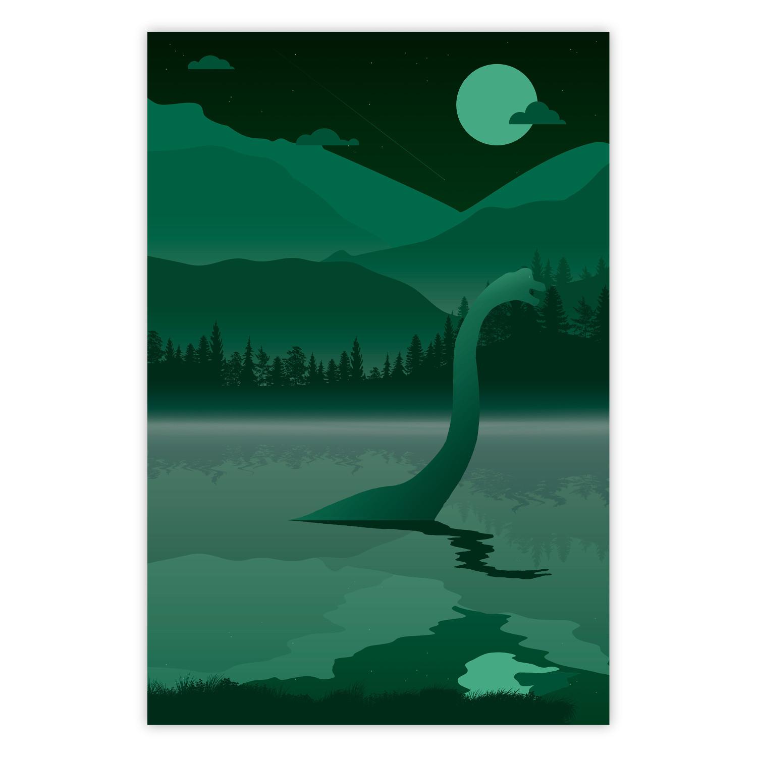 Poster Loch Ness - green fantasy with a dinosaur in the water and mountains in the background