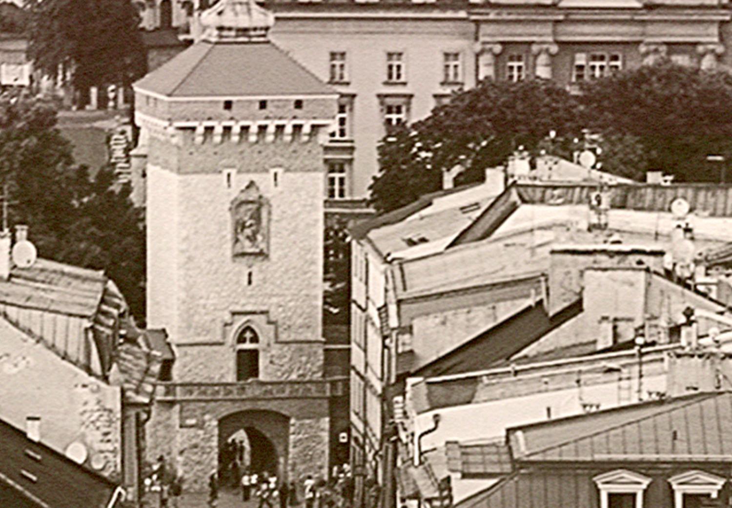 Canvas Floriańska Street - the famous symbol of the Krakow city in sepia