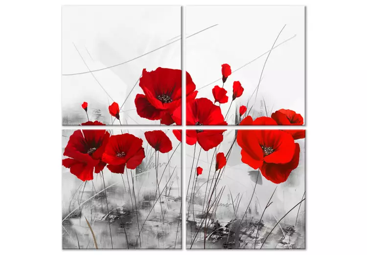 Red Poppies in Meadow (4-part) - Flowers on Gray Natural Background