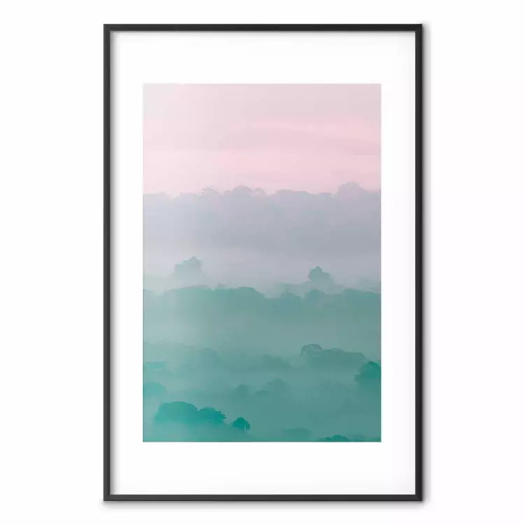 Misty Dawn - landscape of trees amid dense fog in pastel colors