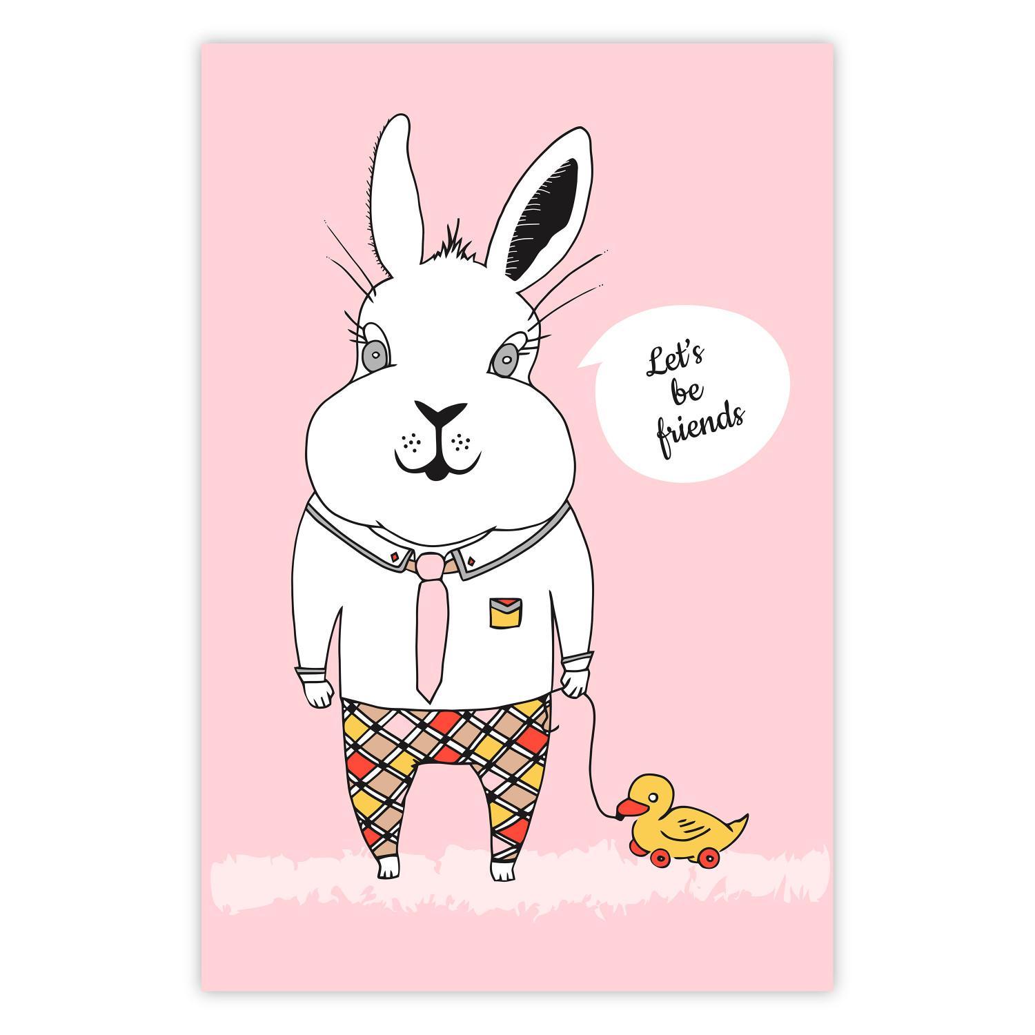 Poster Bunny's Friend - rabbit character holding a duckling on a pink background