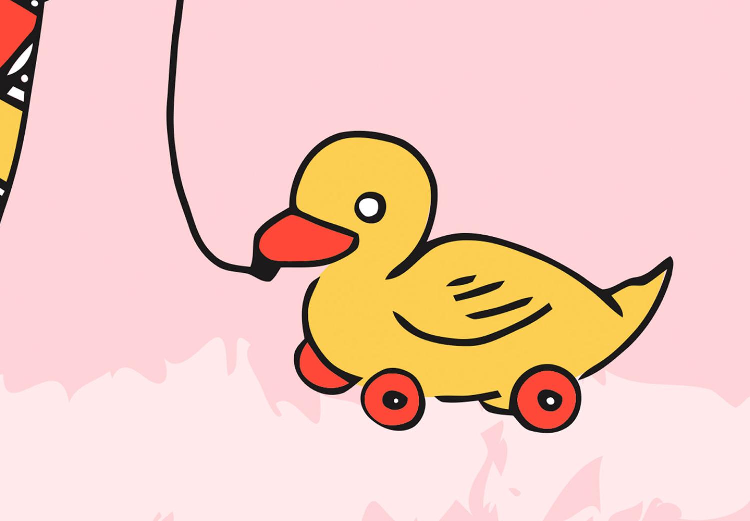 Poster Bunny's Friend - rabbit character holding a duckling on a pink background