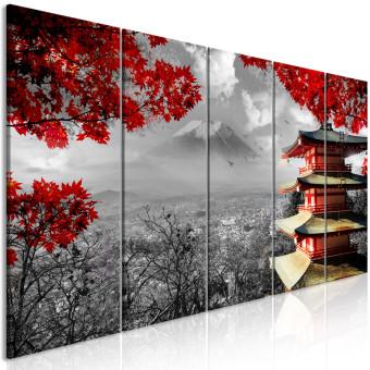 Canvas Japan in Nature's Shades (5-part) - Architecture Against Mountains