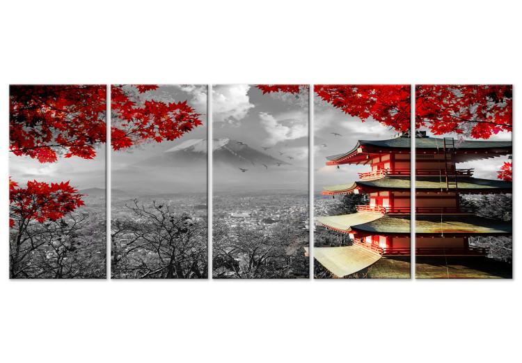 Canvas Print Japan in Nature's Shades (5-part) - Architecture Against Mountains