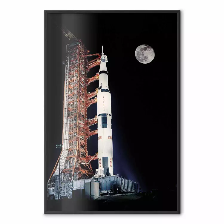 Destination - illuminated rocket in a docking station against the moon backdrop