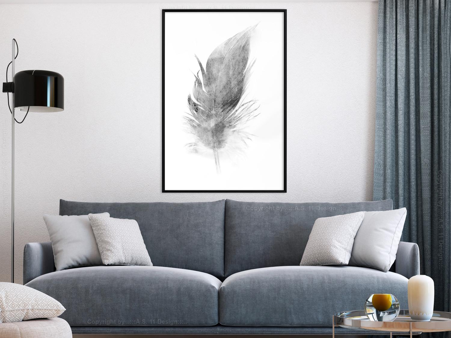 Gallery wall Fleeting - black sketch of a bird feather on contrasting white background