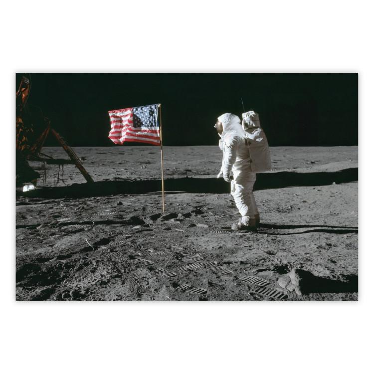 Always First - photograph of man on the moon next to American fla