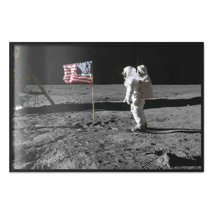 Always First - photograph of man on the moon next to American fla