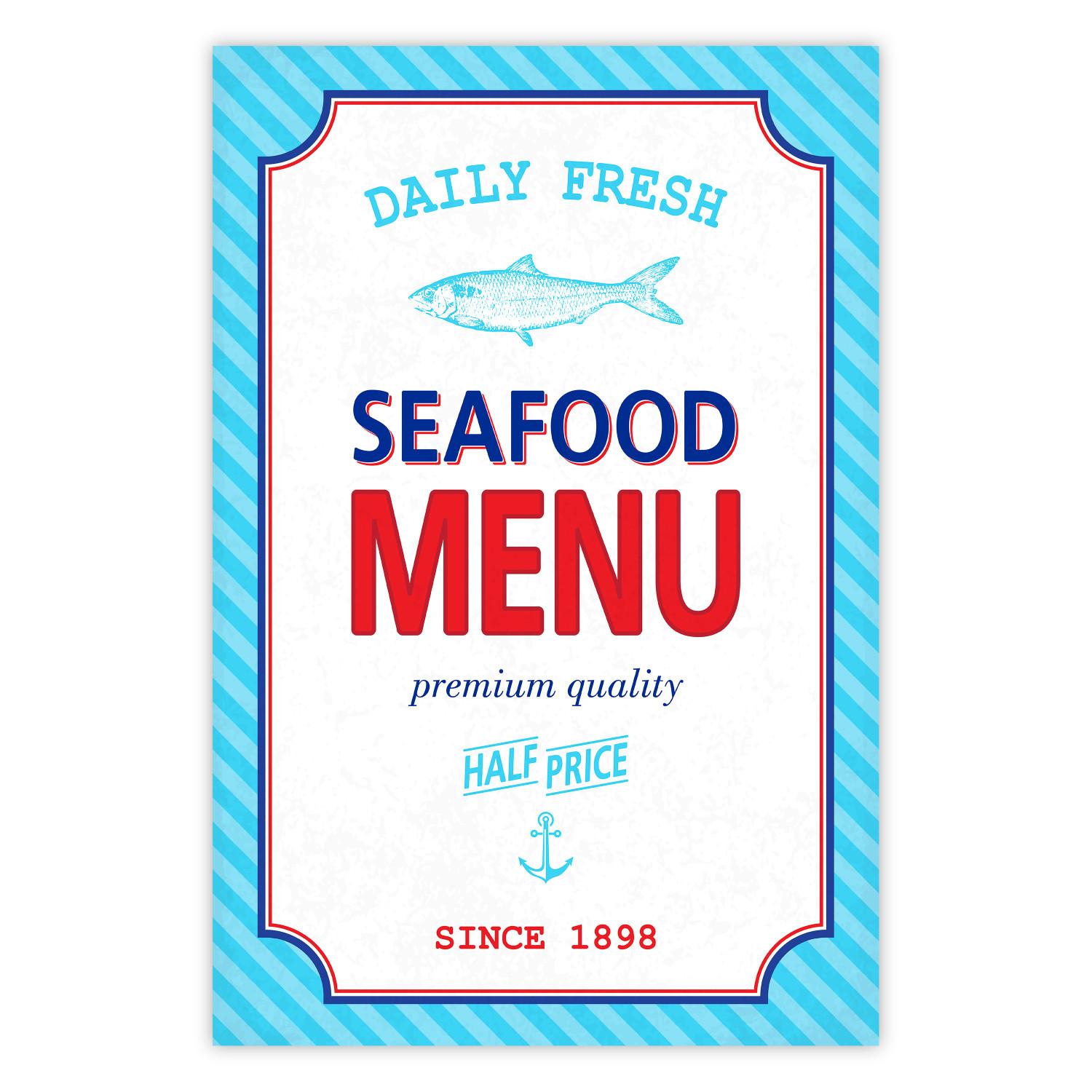 Poster Menu - blue advertising pattern with English captions and fish