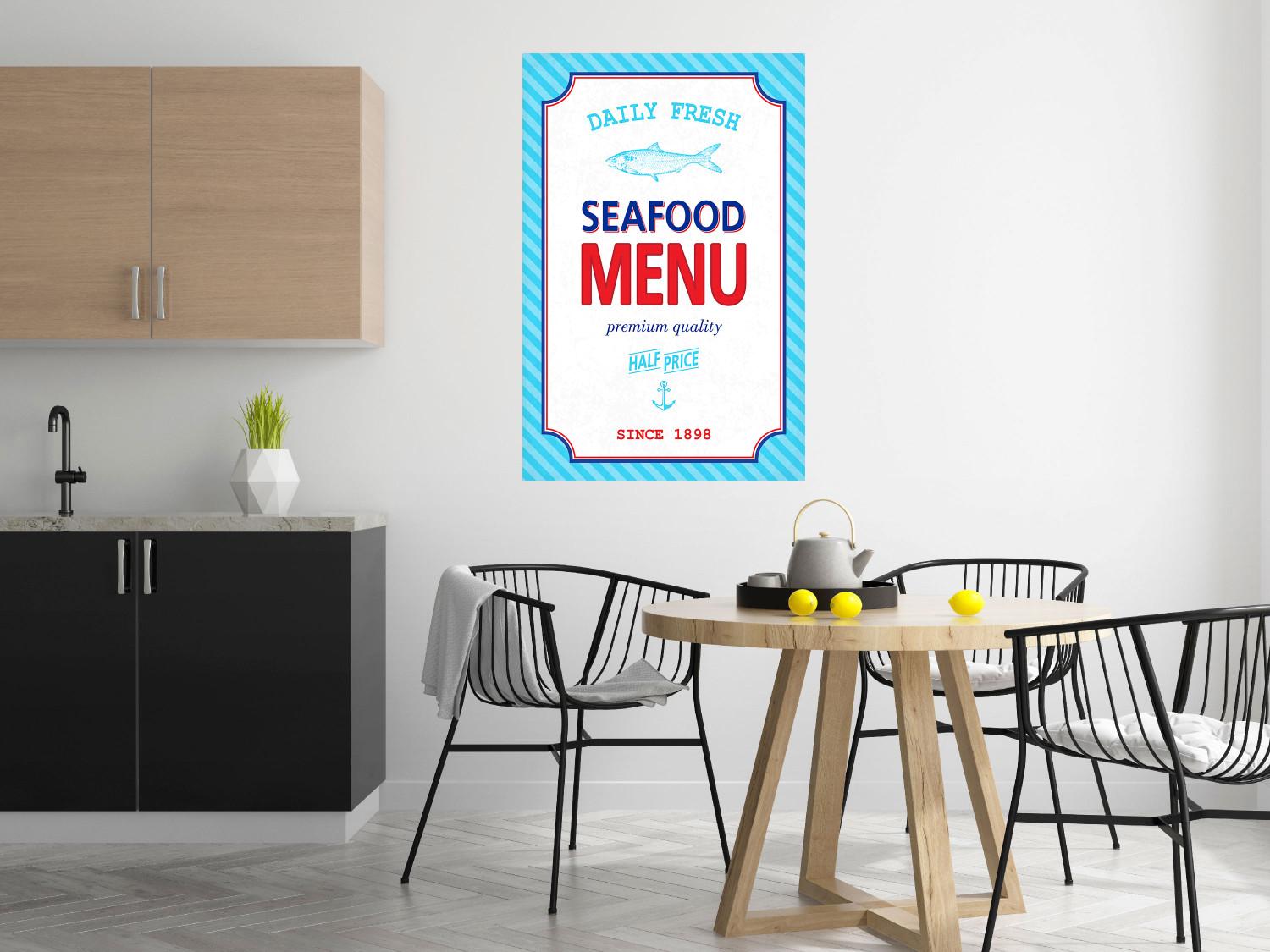 Poster Menu - blue advertising pattern with English captions and fish