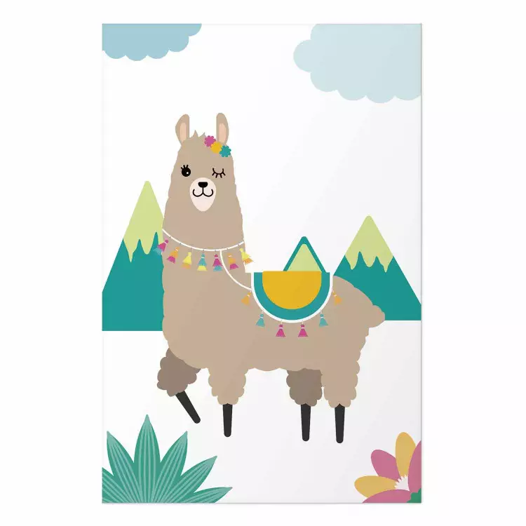 Unusual Llama - colorful funny animal against green mountains and clouds backdrop