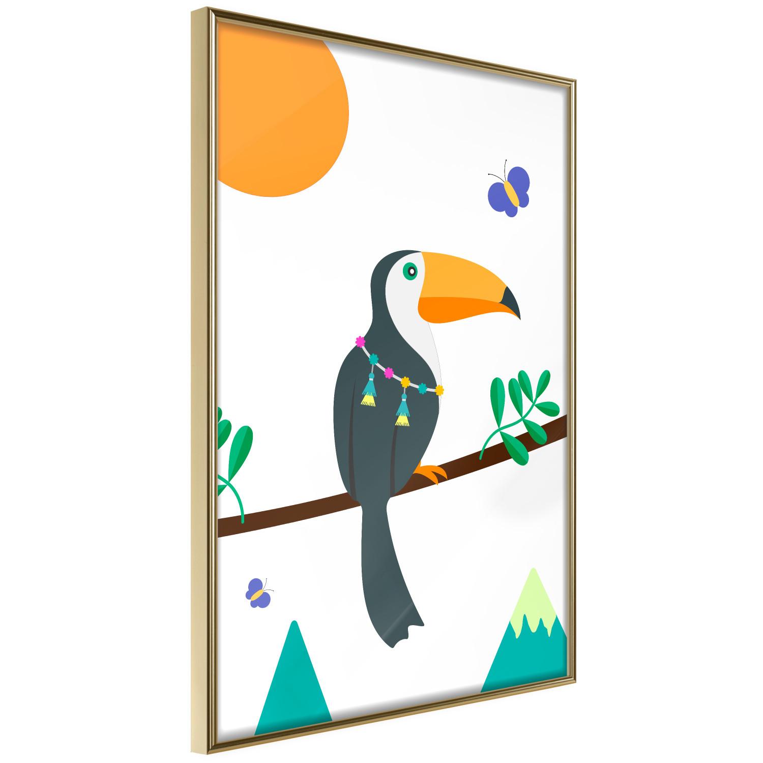 Gallery wall Toucan and Butterflies - amusing parrot with colorful necklace on white background