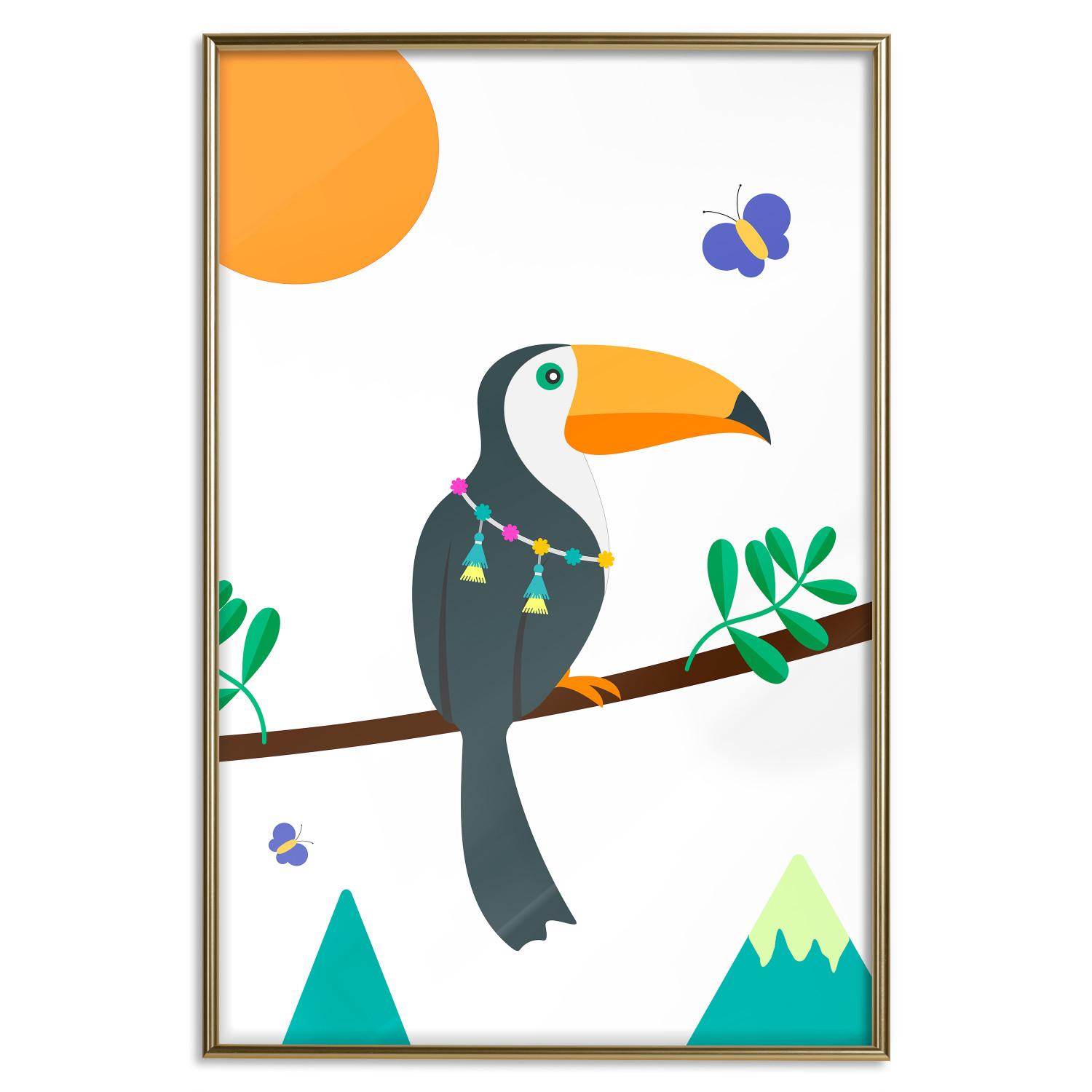 Gallery wall Toucan and Butterflies - amusing parrot with colorful necklace on white background