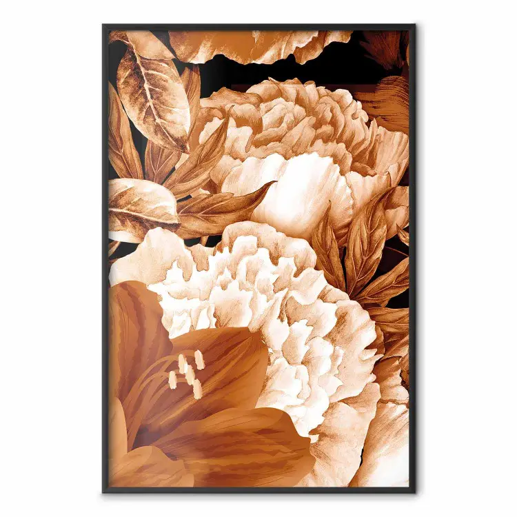 Lilies and Peonies - plant flowers and leaves in sepia motif on black background