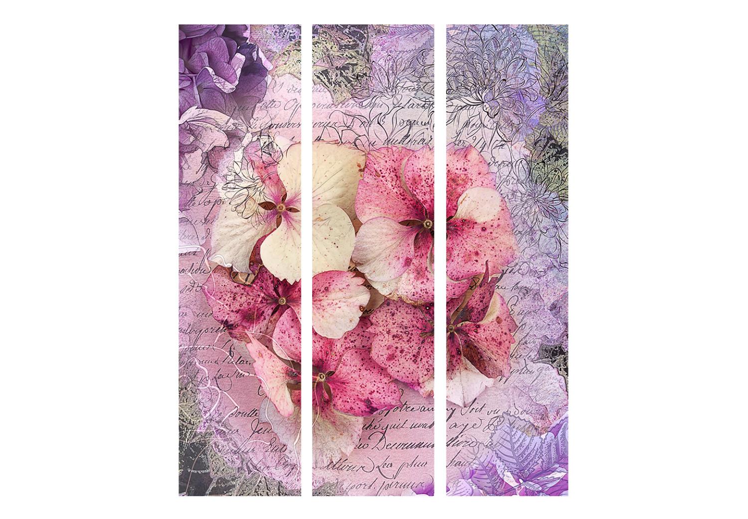 Room Divider Memory (3-piece) - pink orchids and delicate inscriptions in the background