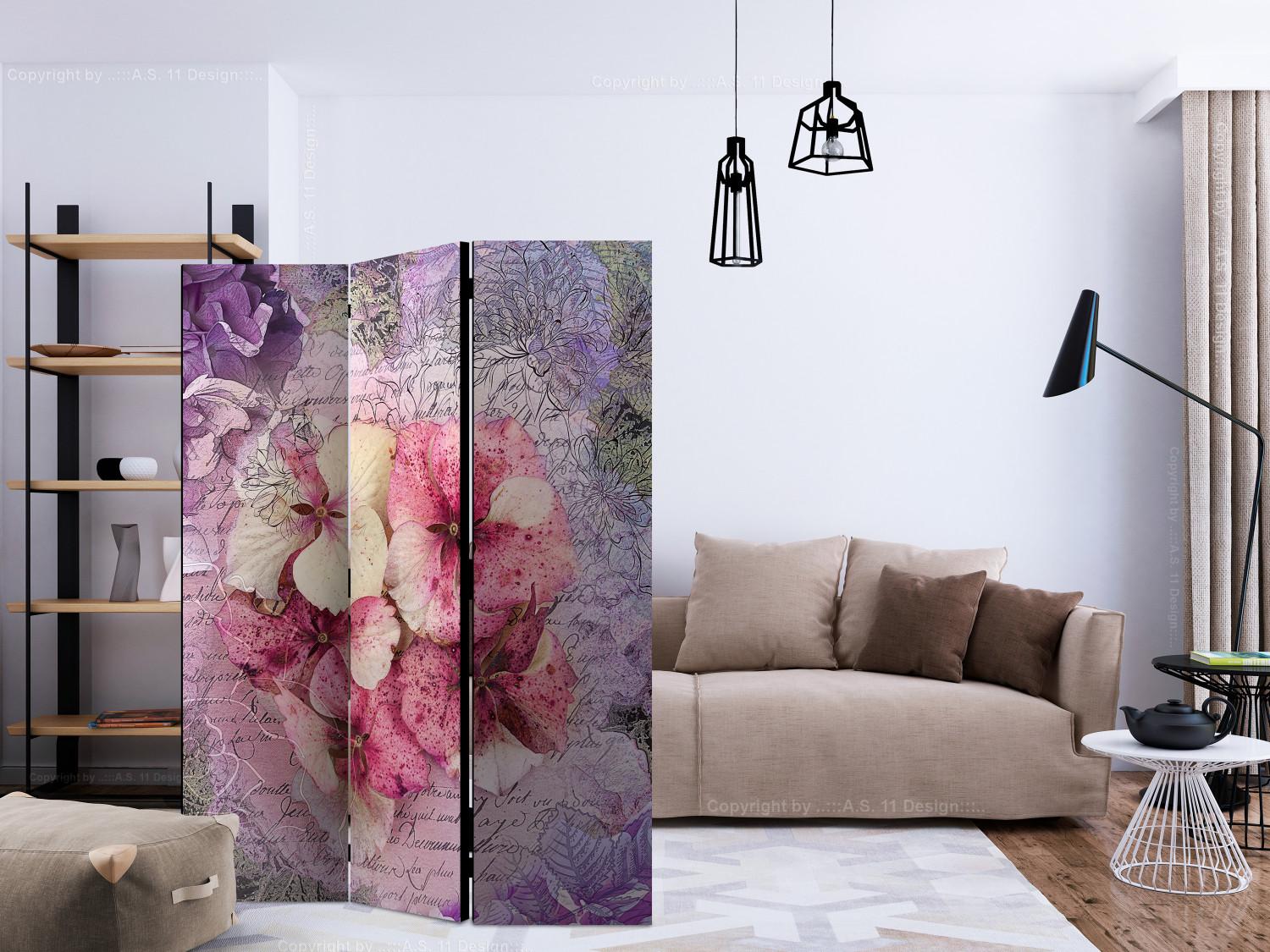 Room Divider Memory (3-piece) - pink orchids and delicate inscriptions in the background