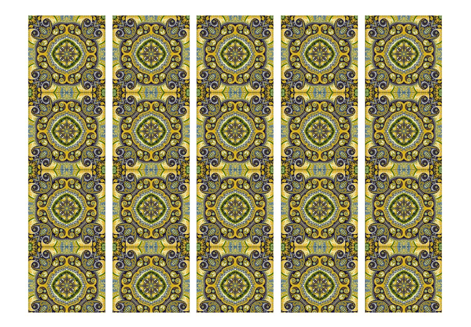 Room Divider Malachite Mosaic II (5-piece) - yellow ethnic pattern in Zen style