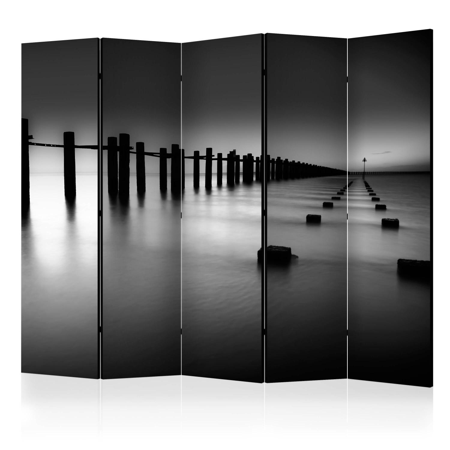 Room Divider Beyond the Horizon II (5-piece) - black and white seascape with calm sea